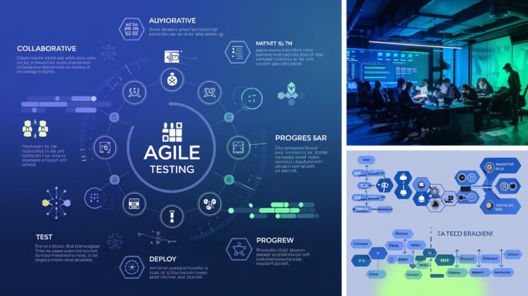 Visualization of Agile testing strategies like shift-left testing, automation, and CI/CD integration.