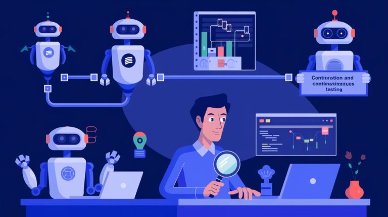 Representation of AI's transformative role in software testing and QA with futuristic elements.