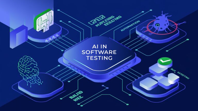 Futuristic representation of AI in software testing, featuring automation tools, bug detection, and predictive analytics.