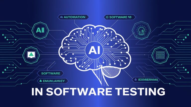 Infographic showing key benefits of AI in QA, including bug detection, cost savings, and test automation.