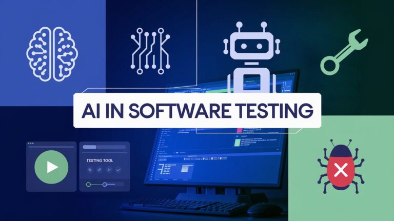 Graphic illustrating AI applications in predictive analysis, regression testing, and test case optimization.