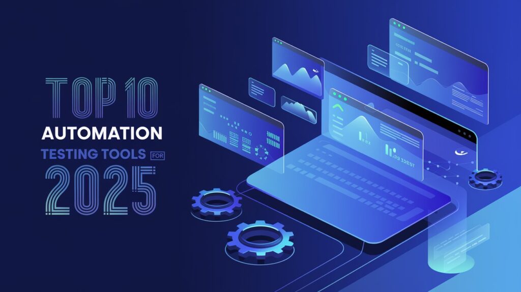 Futuristic design for 'Top 10 Automation Testing Tools for 2025' featuring automation icons, gears, and a modern dashboard with a tech-inspired blue theme.