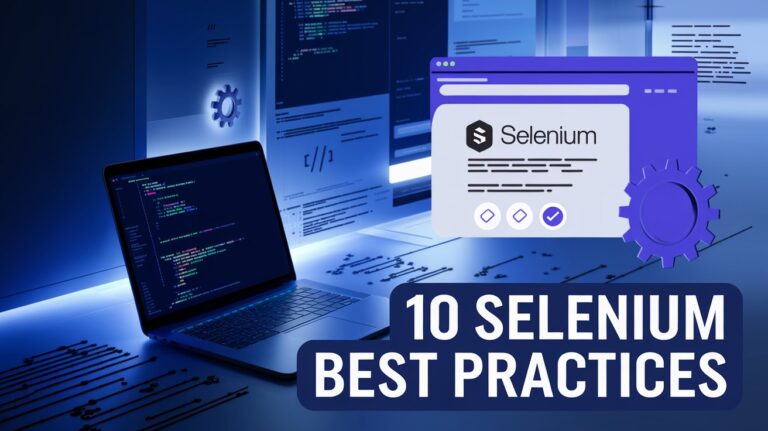 "Professional featured image for '10 Selenium Best Practices' with a laptop, code snippets, and automation icons in a modern tech theme.