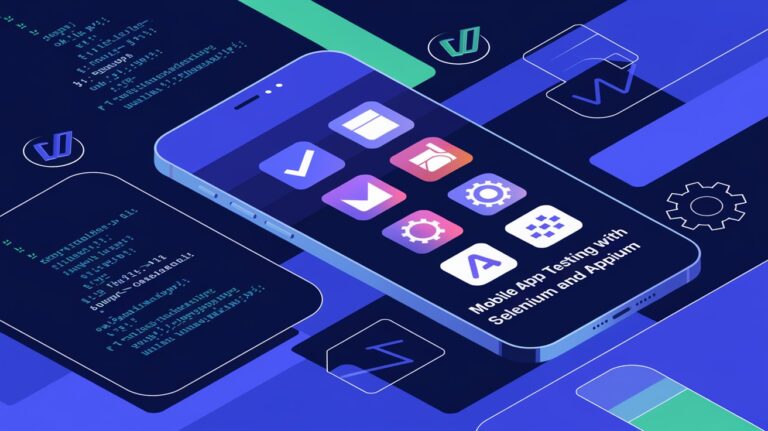 Illustration showing Selenium and Appium working together for mobile app automation testing, featuring a smartphone and testing icons.