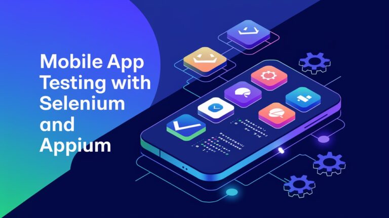 Featured image for 'Mobile App Testing with Selenium and Appium' showing a smartphone, app icons, testing tools, and a tech-inspired design in blue and green.