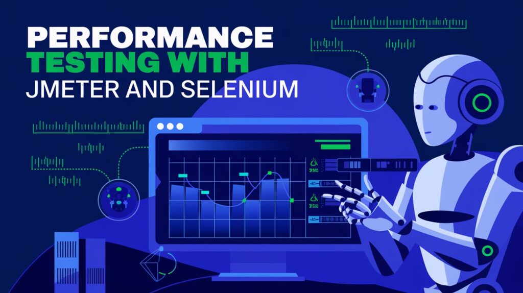 Featured image for 'Performance Testing with JMeter and Selenium' showing a tech-inspired design with performance graphs and testing icons.