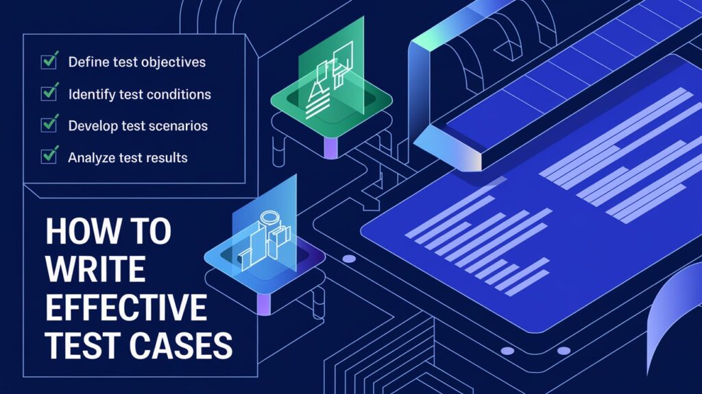 Featured image for 'How to Write Effective Test Cases' showing a checklist, test case documents, and QA tools in a modern design.