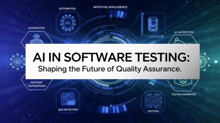 Illustration of AI algorithms automating software testing processes with data analysis and predictive tools.