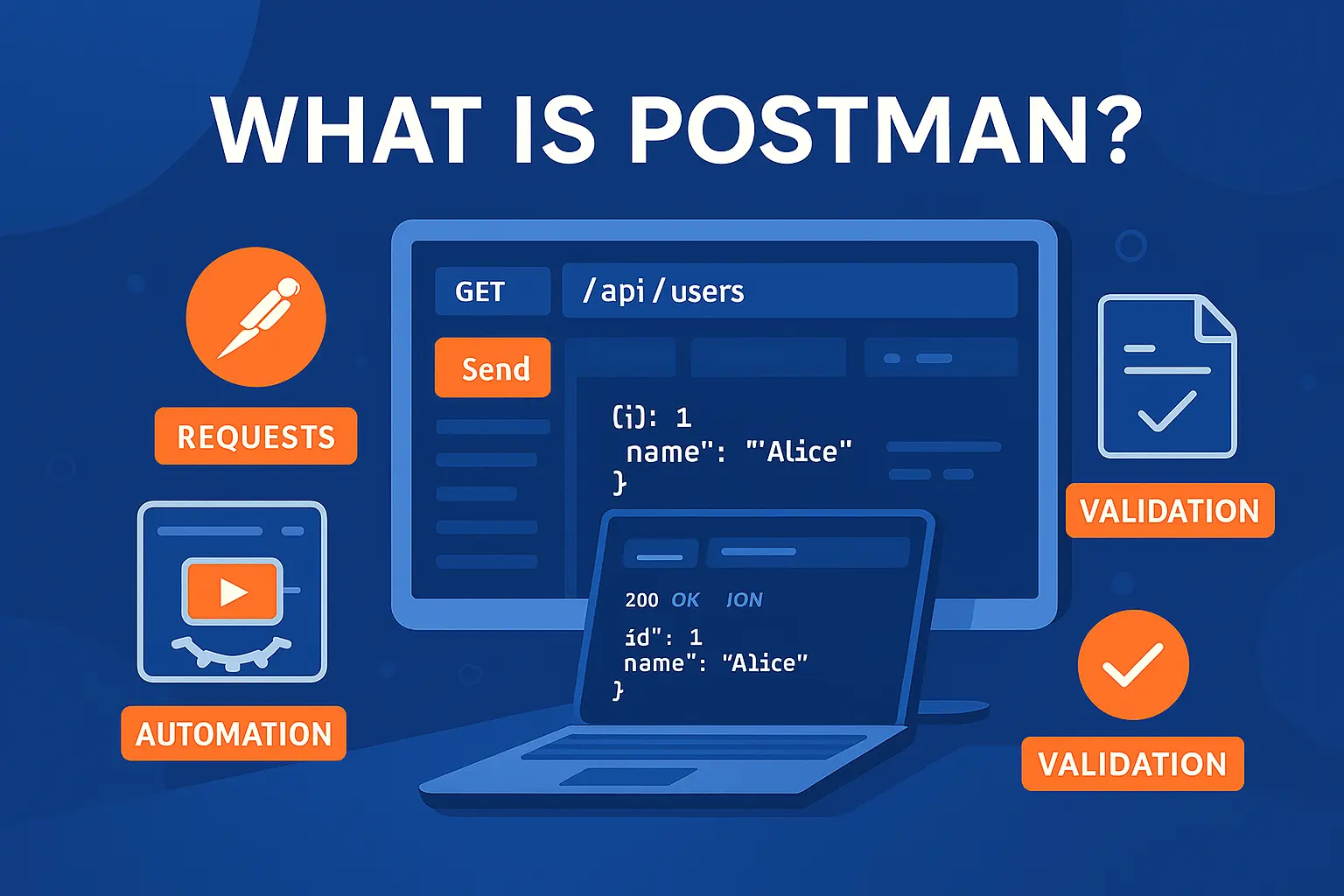 Infographic illustrating the Postman API testing tool interface with icons for requests, automation, validation, and test scripting on a blue background