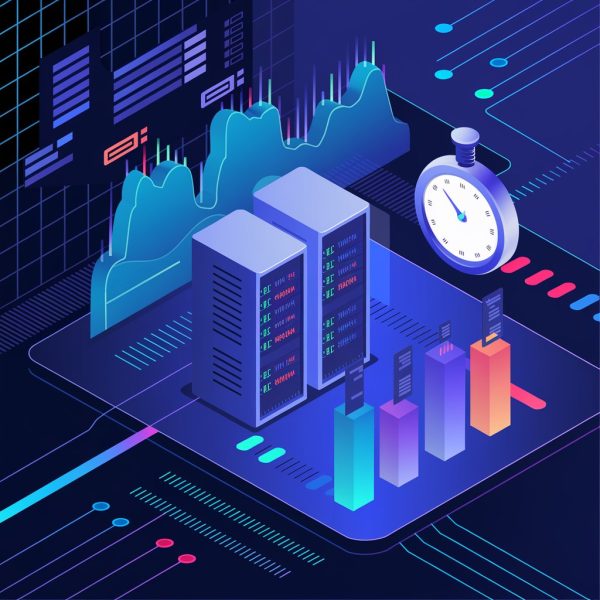 Visualization of performance testing with server load, response time graphs, and technical elements.