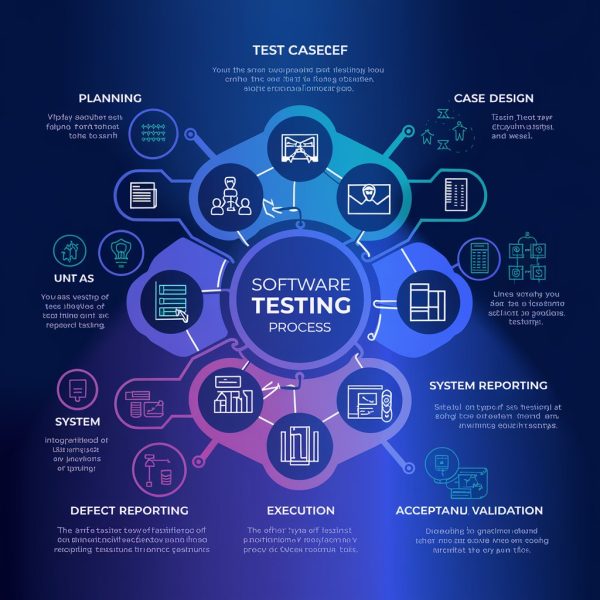 Infographic showing the software testing process flow, including planning, execution, and defect reporting.